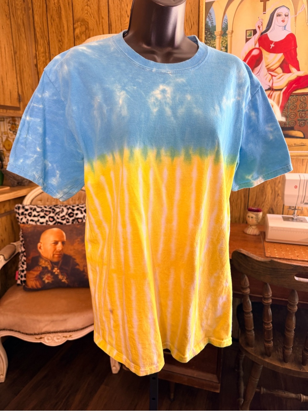 Tie-Dye Short Sleeve Cotton Tee in Blue & Yellow